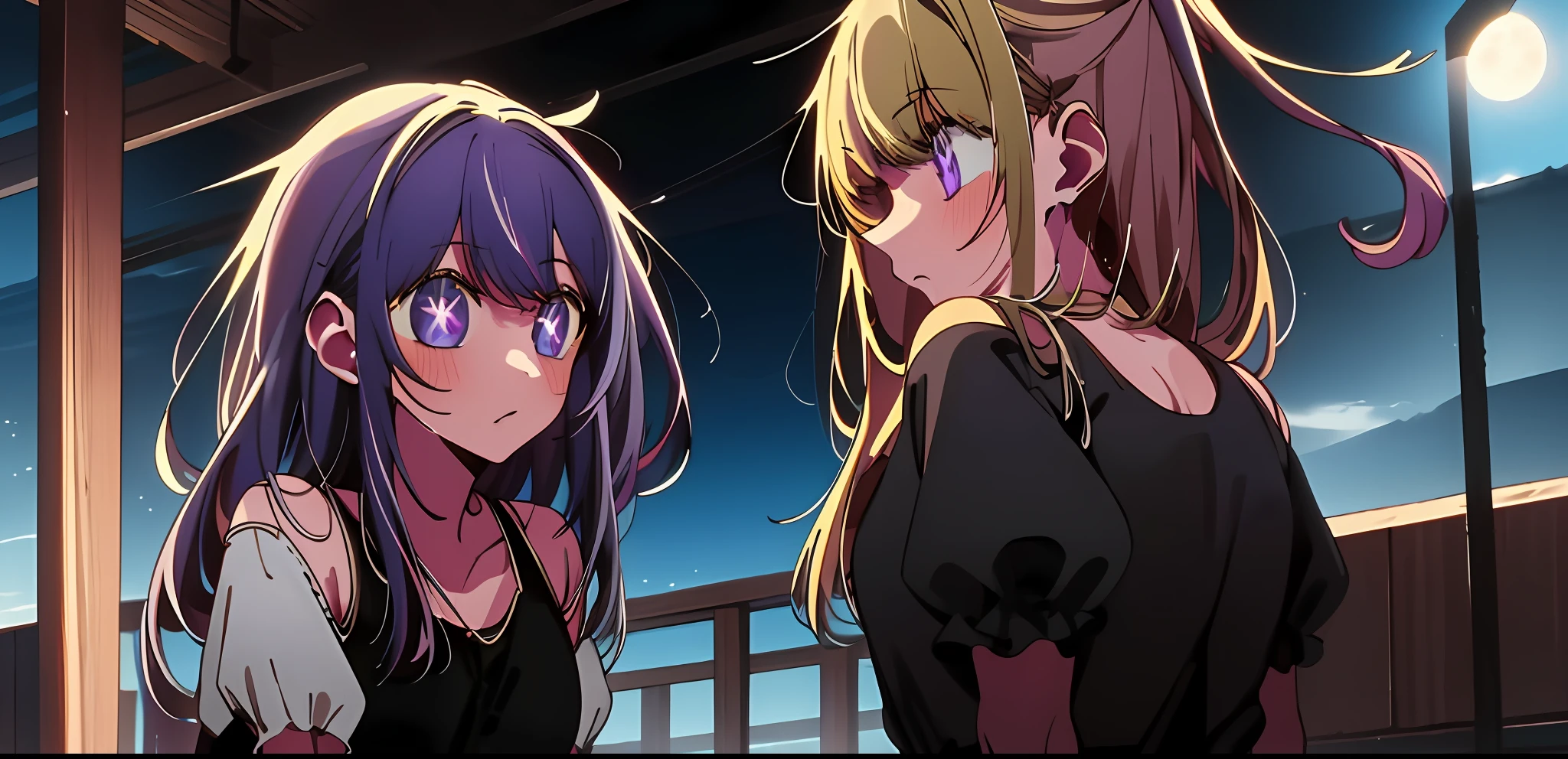 2girls, masterpiece, best quality, night, hill, clouds, full moon, long hair, silhouette, fireflies,diaphragm. First girl blonde hair, second girl purple hair