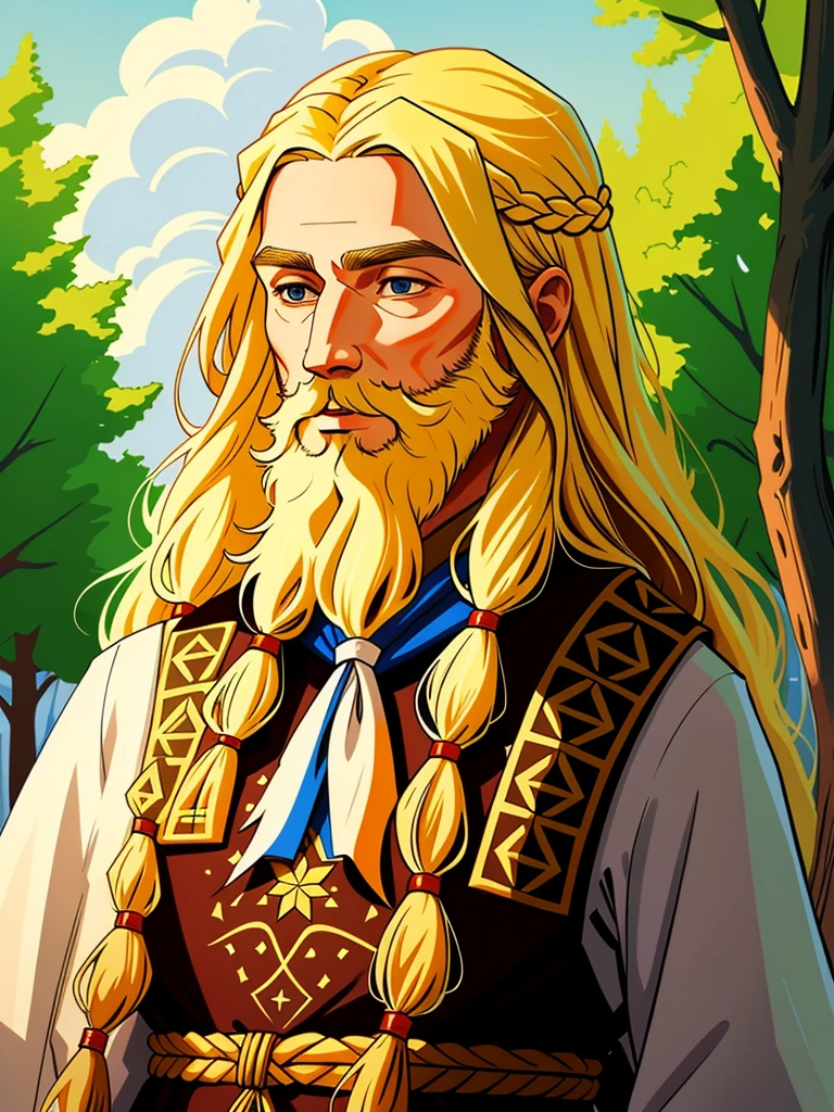 portrait of a Slavic man, paganism, folk costume, pagan costume, blonde hair, long beard, long hair, ancient gods magic vibes, close up, head photo