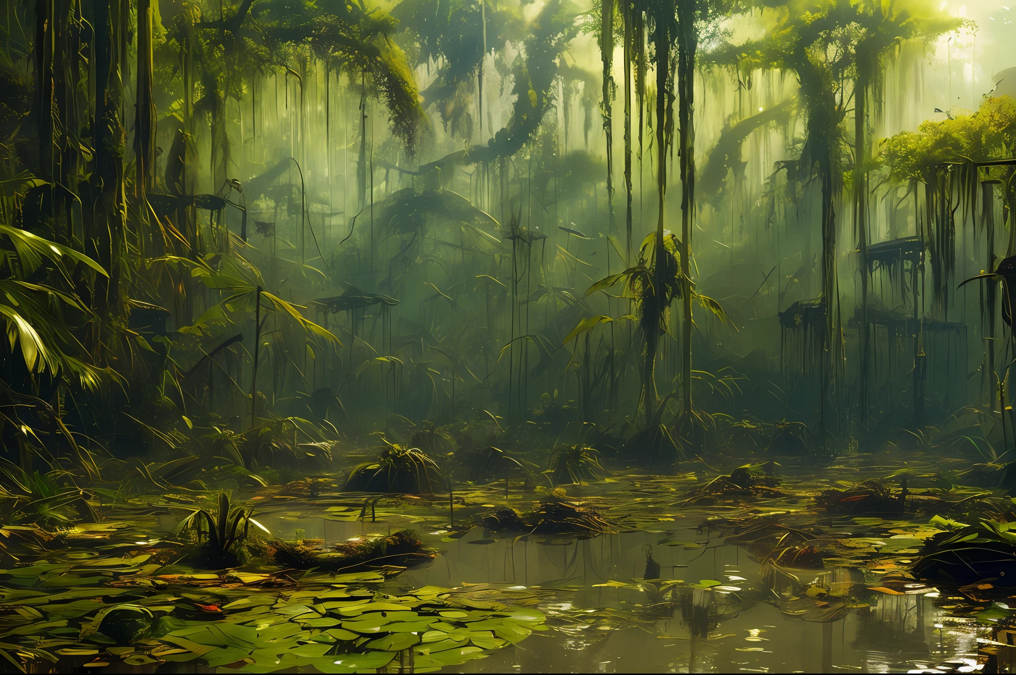 stalenhag, (dense alien jungle swamp:1.3), old destroyed parts rust atom nuclear, sci-fi, knots colorfully raw surface, smooth round shapes, hdr, 8k, 4k, octane renderer, huge detailed, artstation