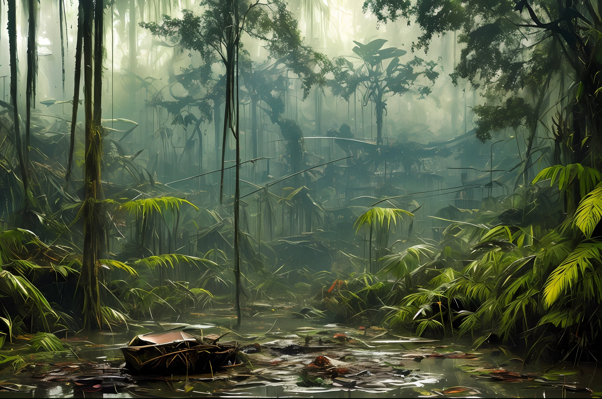 stalenhag, (dense alien jungle swamp:1.3), old destroyed parts rust atom nuclear, sci-fi, knots colorfully raw surface, smooth round shapes, hdr, 8k, 4k, octane renderer, huge detailed, artstation