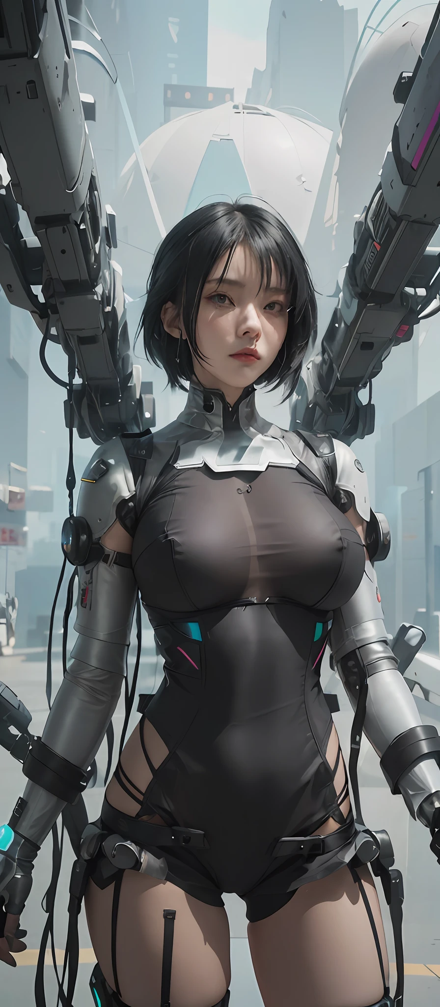 there is a woman in a corset and a black and white outfit, wearing techwear and armor, cyberpunk outfit, wearing japanese techwear, intriguing outfit, all black cyberpunk clothes, cyberpunk style outfit, female cyberpunk anime girl, cyberpunk streetwear, cyberpunk dress, anime girl cosplay, photograph of a techwear woman, cyberpunk anime girl, wearing cyberpunk streetwear, maid outfit