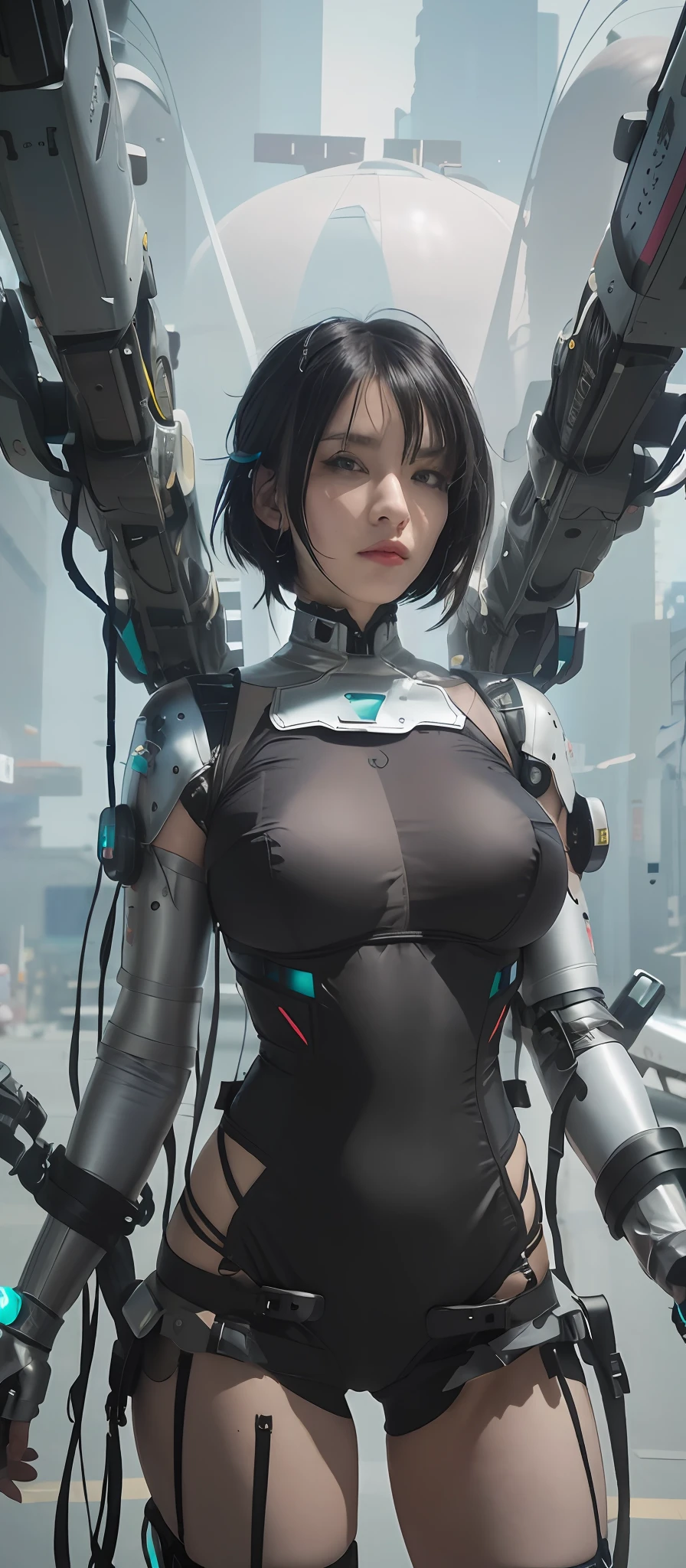 there is a woman in a corset and a black and white outfit, wearing techwear and armor, cyberpunk outfit, wearing japanese techwear, intriguing outfit, all black cyberpunk clothes, cyberpunk style outfit, female cyberpunk anime girl, cyberpunk streetwear, cyberpunk dress, anime girl cosplay, photograph of a techwear woman, cyberpunk anime girl, wearing cyberpunk streetwear, maid outfit