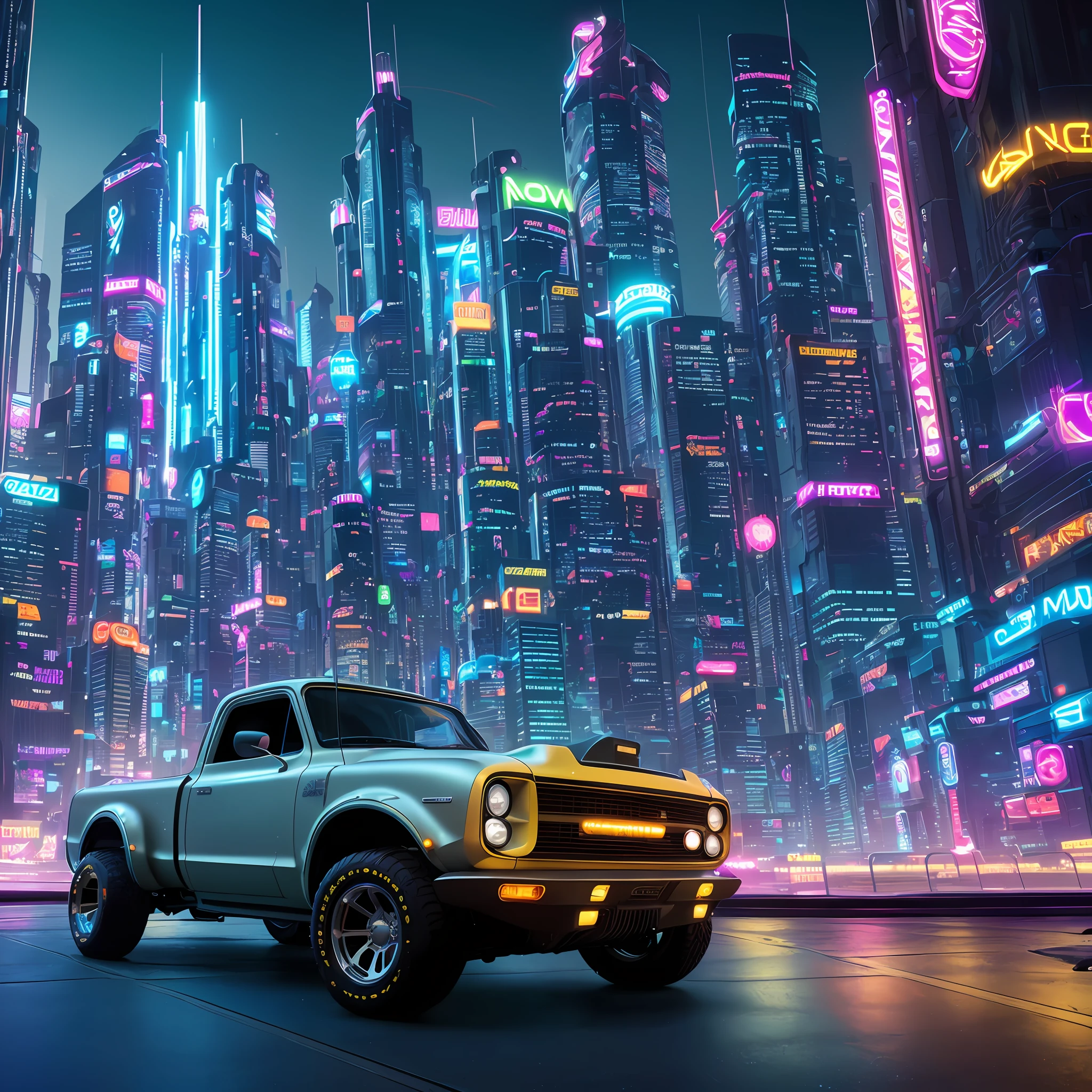 Professional photo of a futuristic C10 Chevrollet pickup truck with multiple modifications, large wheels, yellow paint, parked, cybernetic hood, cyber car parts, (exotic headlights), mad-max, V8 engine, blower, pop-up headlights, futuristic, car mods, spoiler, science fiction, science fiction scenario, night, natural light, cyberpunk, futuristic city, cyberpunk city, neon signs, (highly detailed), (highly detailed background),  various buildings in the background, detailed textures, wide-angle, 8k, HDR, professional photoshoot, high quality photo, realistic photo, realistic shadows, detailed shadows, realistic proportions, photographed with a Sony a9 II Mirrorless camera, film grain, raw photo, physics-based rendering, vibrant colors, award-winning image, (color particles).