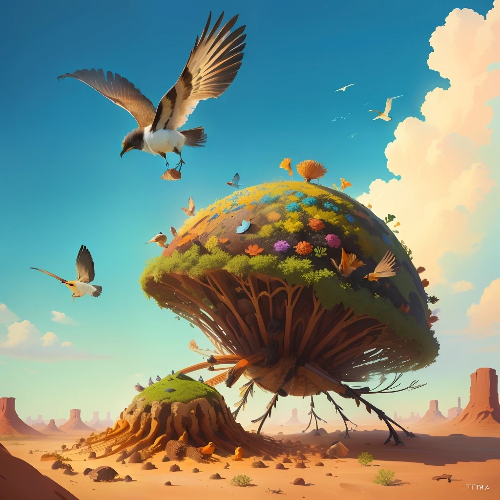 an anthill with a bird flying overhead utra realistic and vibrant colors