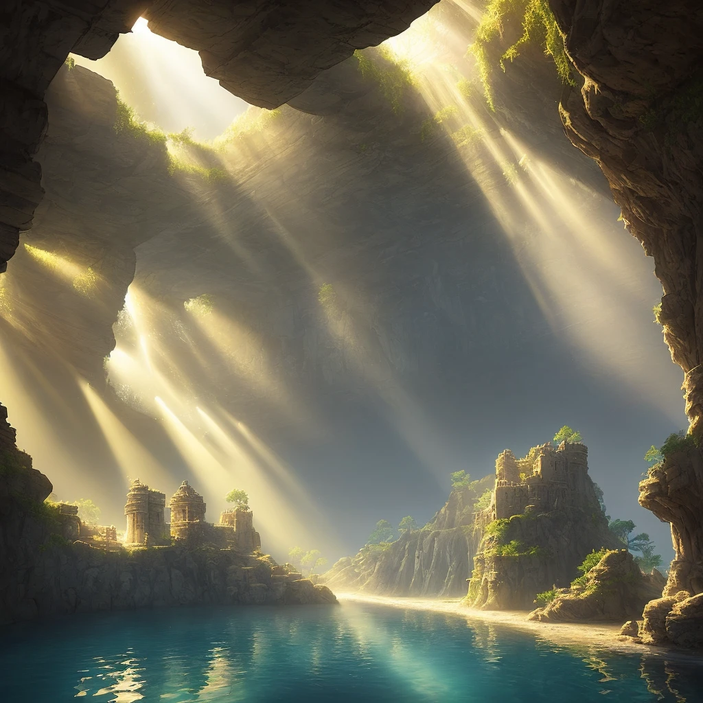 (a beautifully detailed and realistic) sunlit dungeon,(1) reflecting (perfectly) in the water,(sunbeam) cutting through the (dusty) air, dynamic angle, soft colors, slightly contrasting shadows.