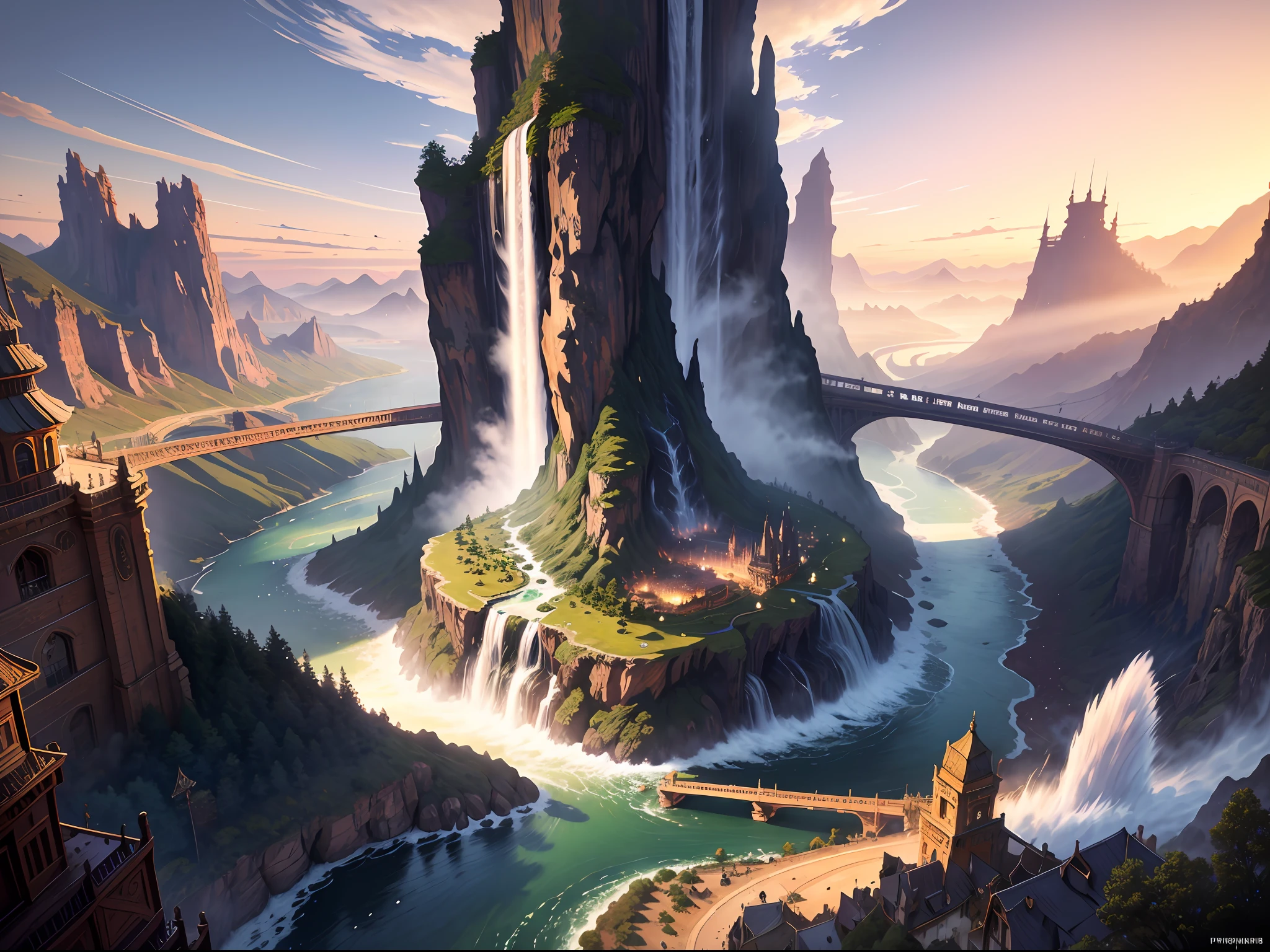 "(Masterpiece:1.2), extremely intricate details, FF14 style, dynamic painting, depicting a bustling mystical city with a majestic bridge that crosses a shimmering river, surrounded by giant waterfalls from which towering mystical towers emerge. The vast landscape explodes with vivid colors in the golden hour of photography."