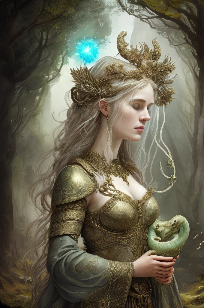(((masterpiece))) excellent, ultra-detailed quality, intensely delicate and beautiful illustration of a Celtic Goddess of healing with a star on her head floating in the sky, wearing Celtic checkered clothes holding a serpent, Celtic style with elements of Druidry and Renaissance.