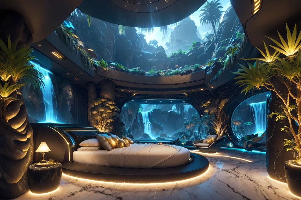 incredible luxurious futuristic bedroom interior in Ancient Egyptian style with many (((lush plants))) (lotus flowers), ((palm trees)), rocky walls, ((sand)), ((waterfalls)), (marble), ((precious minerals)), ((metals)), (gemstones), crystals, clouds and ((water)), (curvy futuristic furniture), crocodiles, (hieroglyphics), (((ultra luxury))), (black marble) – with ((beautiful lights)), Unreal Engine, HQ, 16k