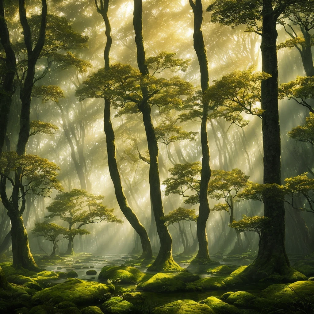 "Create an awe-inspiring digital artwork that captures the serene beauty of an ancient forest at twilight. The scene should feature towering trees bathed in soft, golden light filtering through the foliage, casting gentle shadows on the lush undergrowth. The image should evoke a sense of tranquility and wonder, inviting viewers to immerse themselves in the enchanting realm of nature."
