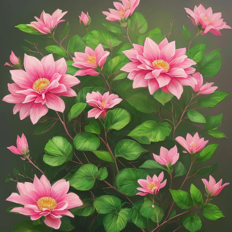 a painting of pink flowers with green leaves, a digital painting by artist, behance, computer art, made of flowers, behance hd, detailed painting