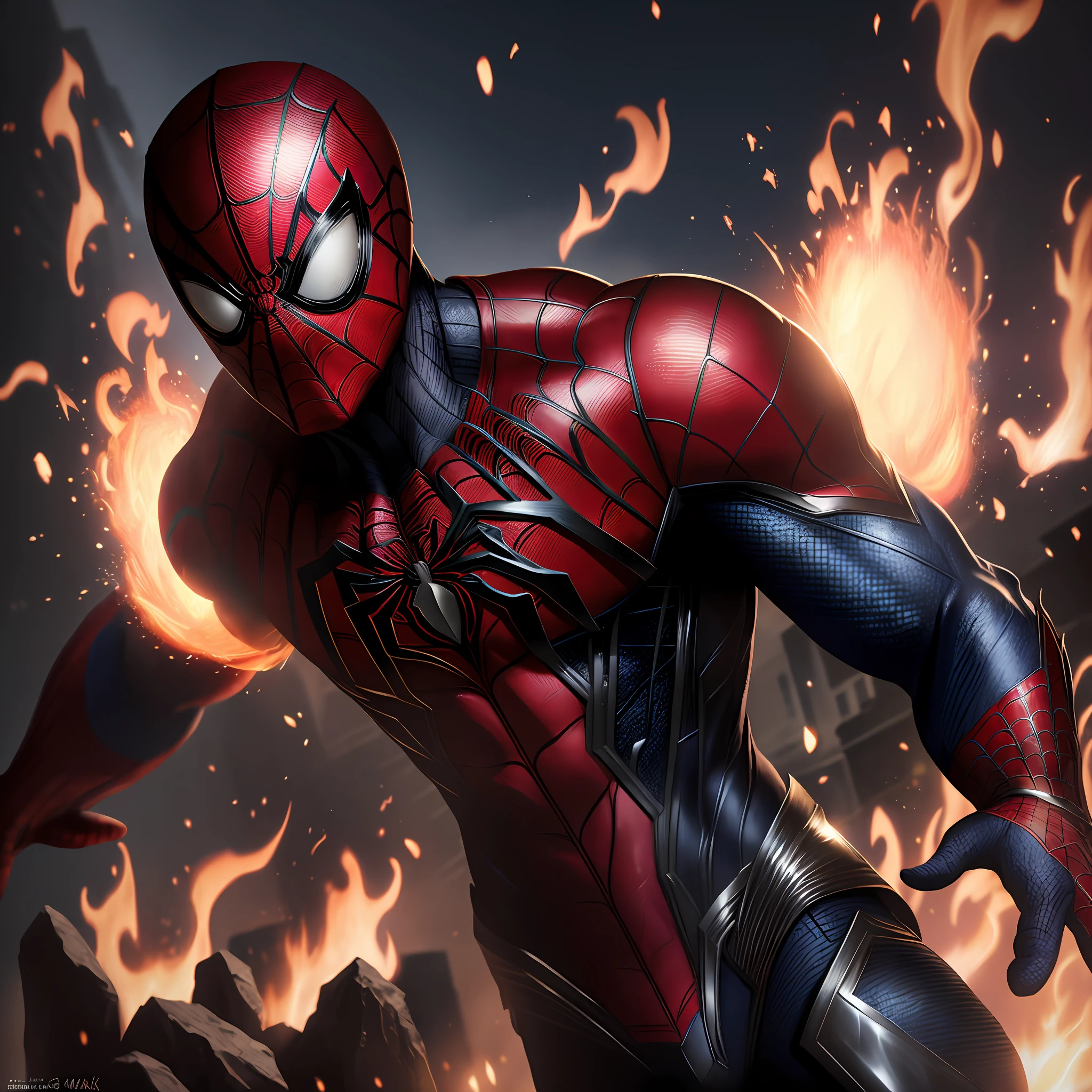 Spiderman, with black armor, with fire web(high quality and realism) extremely detailed 4K