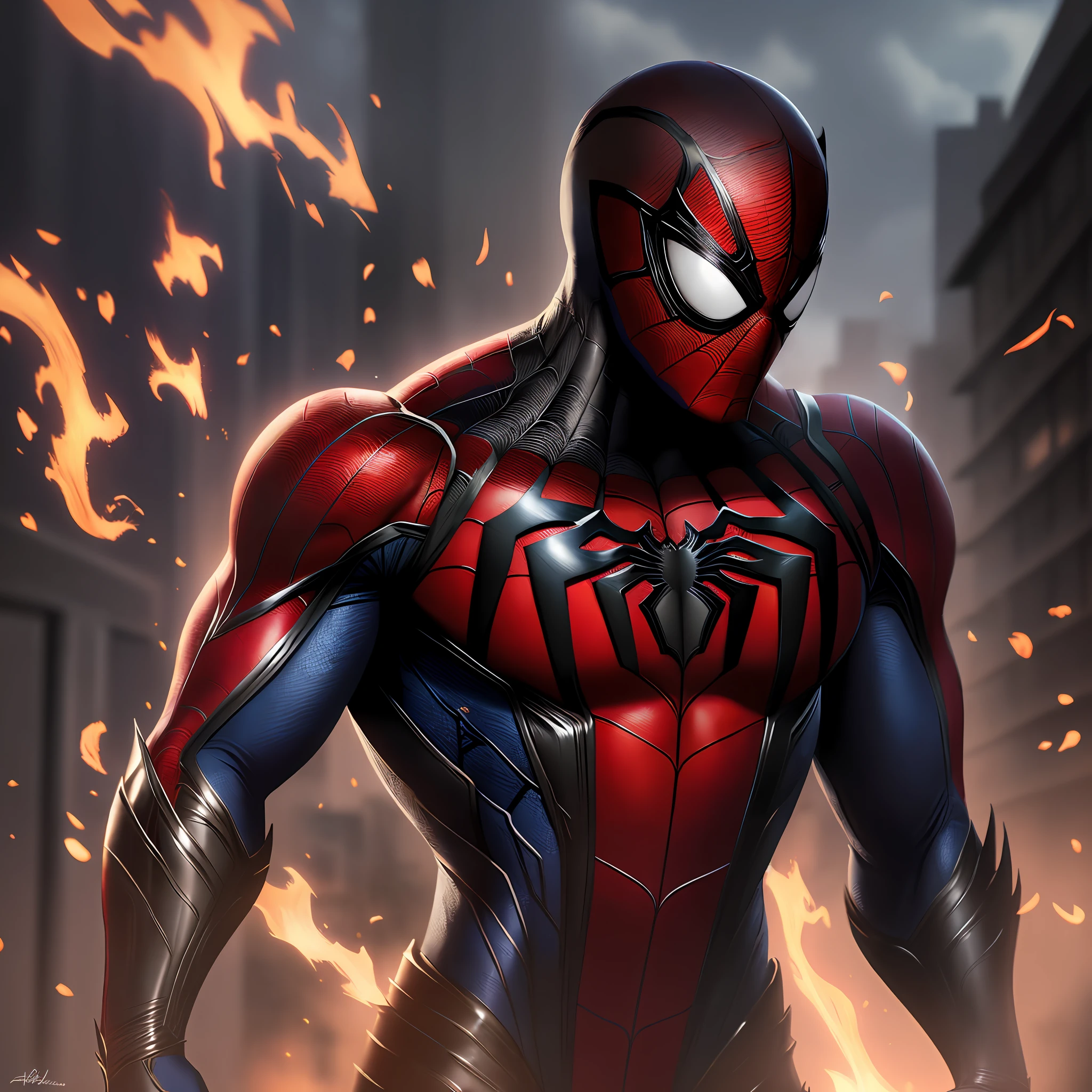 Spiderman, with black armor, with fire web(high quality and realism) extremely detailed 4K