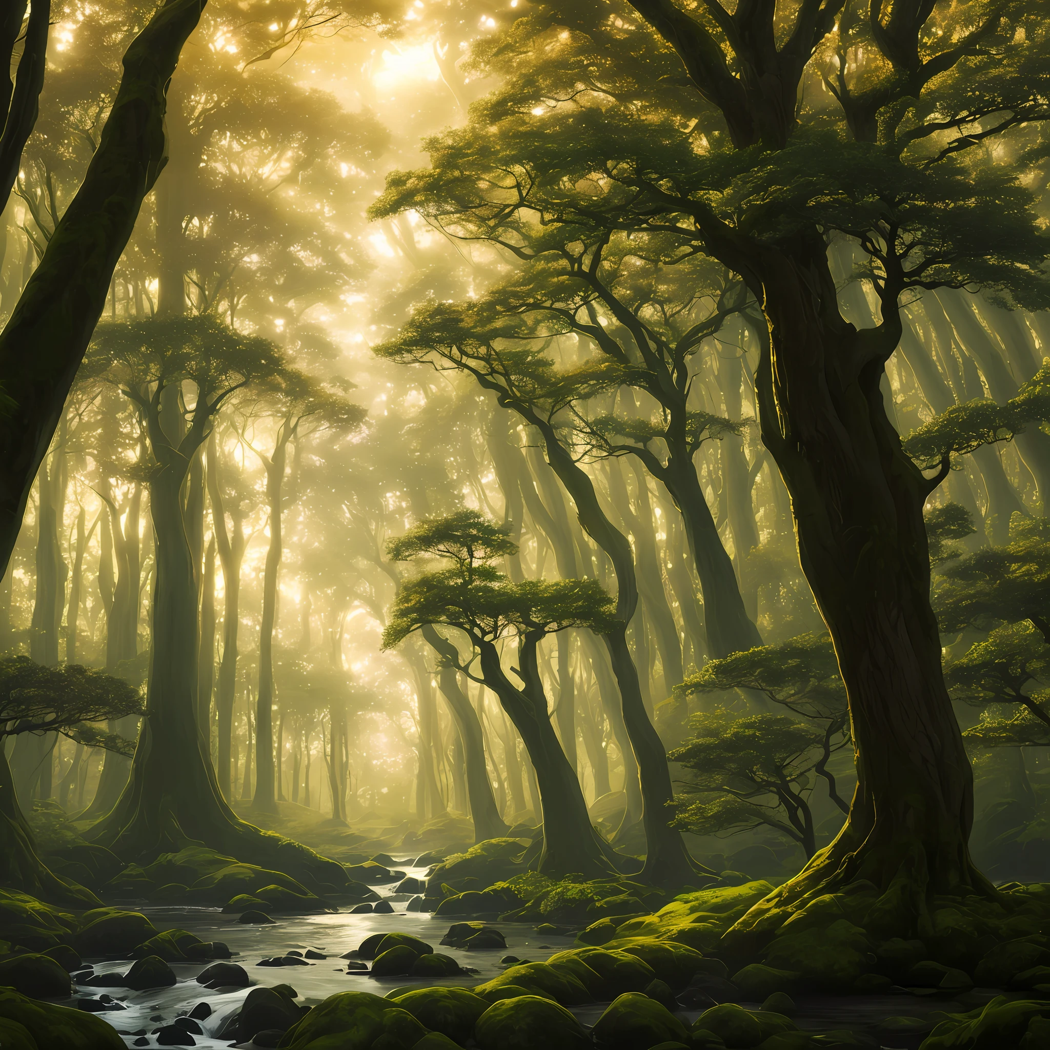"Create an awe-inspiring digital artwork that captures the serene beauty of an ancient forest at twilight. The scene should feature towering trees bathed in soft, golden light filtering through the foliage, casting gentle shadows on the lush undergrowth. The image should evoke a sense of tranquility and wonder, inviting viewers to immerse themselves in the enchanting realm of nature."