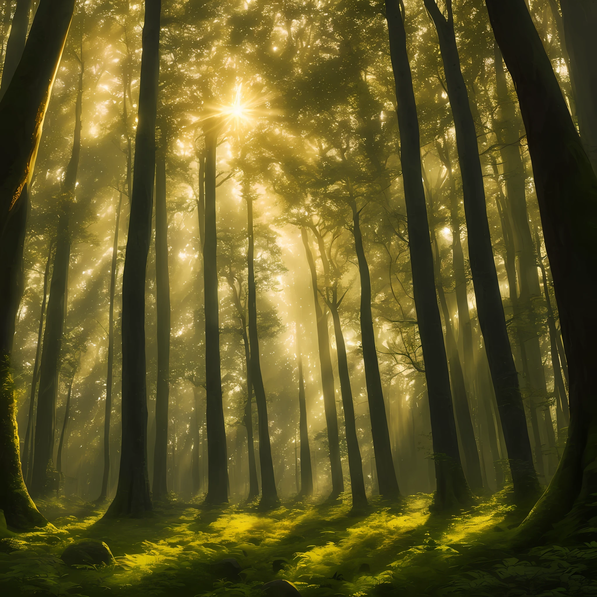"Create an awe-inspiring digital artwork that captures the serene beauty of an ancient forest at twilight. The scene should feature towering trees bathed in soft, golden light filtering through the foliage, casting gentle shadows on the lush undergrowth. The image should evoke a sense of tranquility and wonder, inviting viewers to immerse themselves in the enchanting realm of nature."