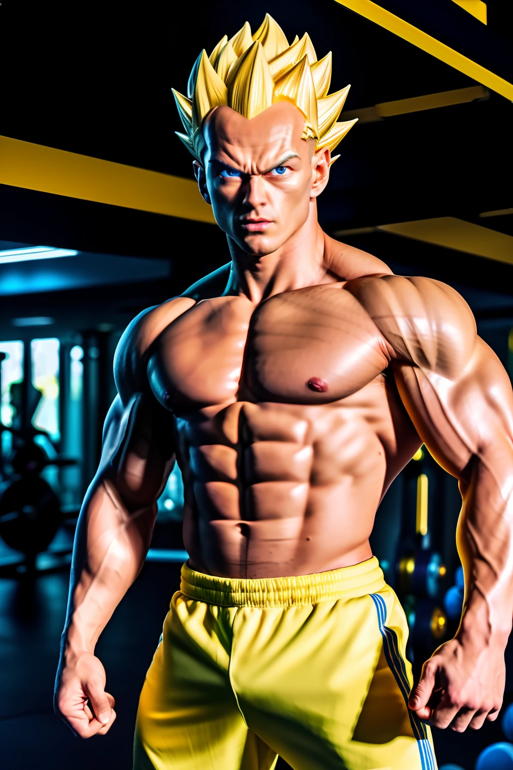 Vegeta, super_saiyan, bodybuilder, cabelo_amarelo, olhos_amarelos, aura, fighting posture, cinematic photo, full body, standing, full body, (yellow eyes: 1.3), big hair, (shirtless), soft natural light, ((in the gym)), ((masterpiece)), (best quality), (high resolution), highly detailed RAW color photo, extremely detailed, photorealistic, realistic, incredibly absurd, highly detailed, sharp focus, (Professional Studio Lighting), (Professional Color Grading), Edge Lighting, Dramatic Lighting, Cinematic Lighting, Lumen Reflections, Soft Natural Lighting, Soft Color, Photon Mapping, Radiosity, (Beautiful Eyes), (Detailed Eyes), (Detailed Face), Symmetrical Eyes, Sharp Eyes, Cold Face, Full Body