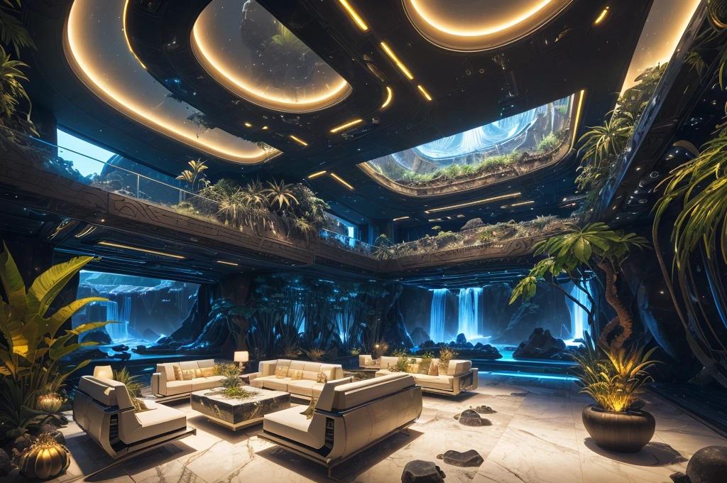 incredible luxurious futuristic interior in Ancient Egyptian style with many (((lush plants))) (lotus flowers), ((palm trees)), rocky walls, ((sand)), ((waterfalls)), (marble), ((precious minerals)), ((metals)), (gemstones), crystals, clouds and ((water)), ((curvy futuristic furniture)), crocodiles, (hieroglyphics), (((ultra luxury))), (black marble) – with ((beautiful lights)), Unreal Engine, HQ, 16k