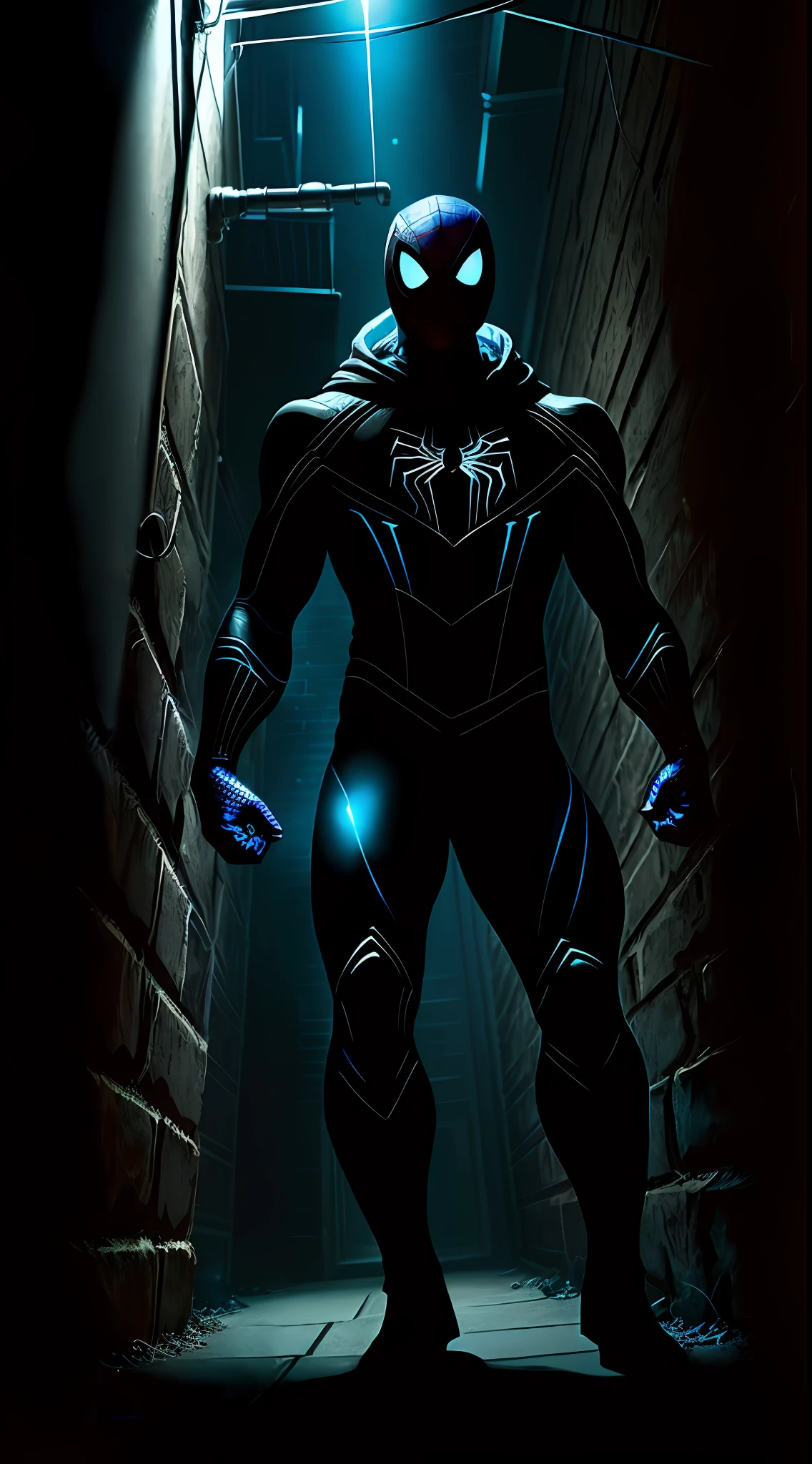 (realistic) Spider-Man wearing his iconic black suit in a dark, cramped alley at night. The alley is narrow and surrounded by dirty, weathered walls, creating a claustrophobic and gloomy feel.
Only dim, dense, intermittent lighting is provided by the distant sirens, casting a reddish, bluish light that cuts through the dense shadows. This lighting creates an atmosphere of imminent danger and tension.
Spider-Man is at the center of the image, in an agile, combat-ready pose. His black costume stands out in the dark environment, showing subtle details of the material and textures. The light from the sirens reflects softly on the suit, creating a discreet glow.