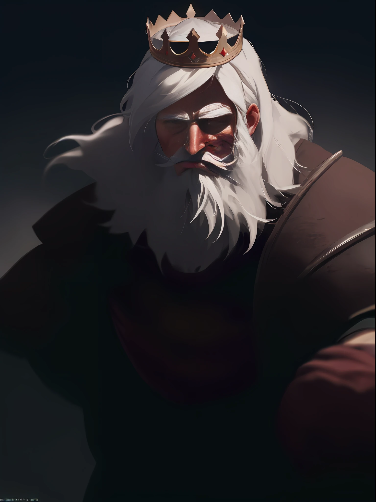 Strong gladiator man, white hair, with beard, crown, blank eyes, pain, realism, medieval, cinematic lighting, rounded corners, close-up, UHD, high quality, best quality