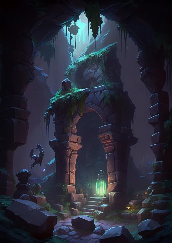 a close up of a cave with a light at the end, background art, league of legends concept art, andreas rocha style, riot games concept art, painted as a game concept art, stylized concept art, secret overgrown temple, mysterious temple setting, background artwork, detailed digital 2d fantasy art, inspired by Andreas Rocha, blizzard hearthstone concept art