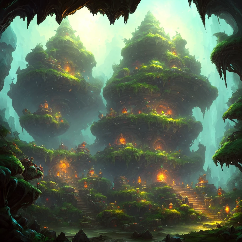 a close up of a cave with a light at the end, background art, league of legends concept art, andreas rocha style, riot games concept art, painted as a game concept art, stylized concept art, secret overgrown temple, mysterious temple setting, background artwork, detailed digital 2d fantasy art, inspired by Andreas Rocha, blizzard hearthstone concept art