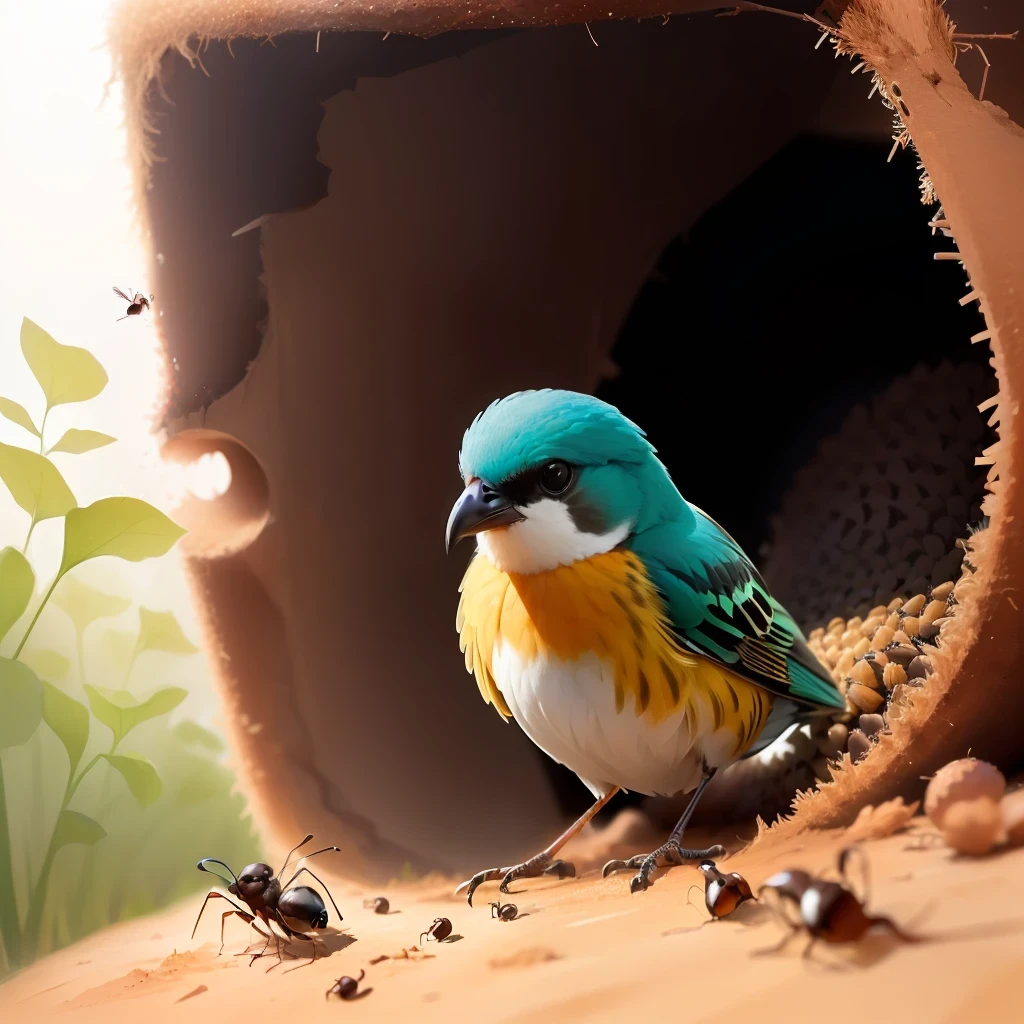 a single bird trying to eat ants in an anthill, in the ant's view, utra realistic color and sharp