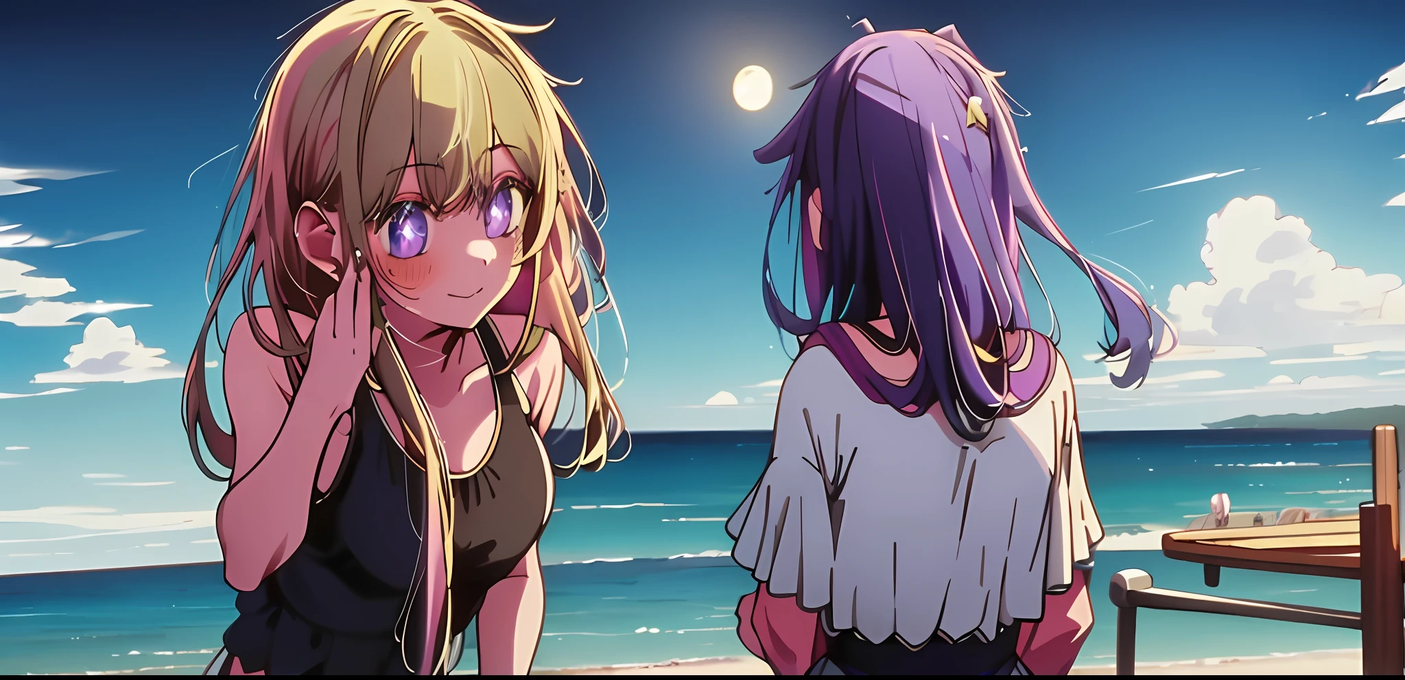 2girls, masterpiece, best quality, night, hill, clouds, full moon, long hair, diaphragm. First girl blonde hair, second girl purple hair, beach background, swimsuit,