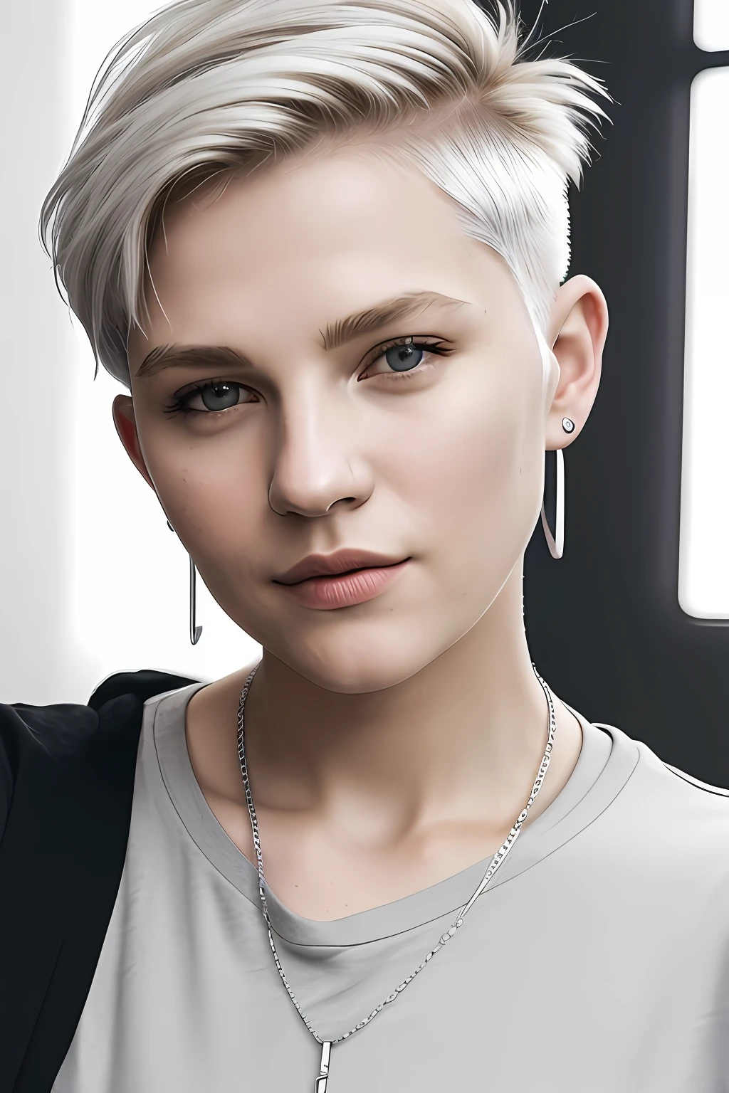 selfie photo, blond haired woman with a short blond haircut, small silver necklace, shaved sides, grey tshirt, iPhone XS Max shot