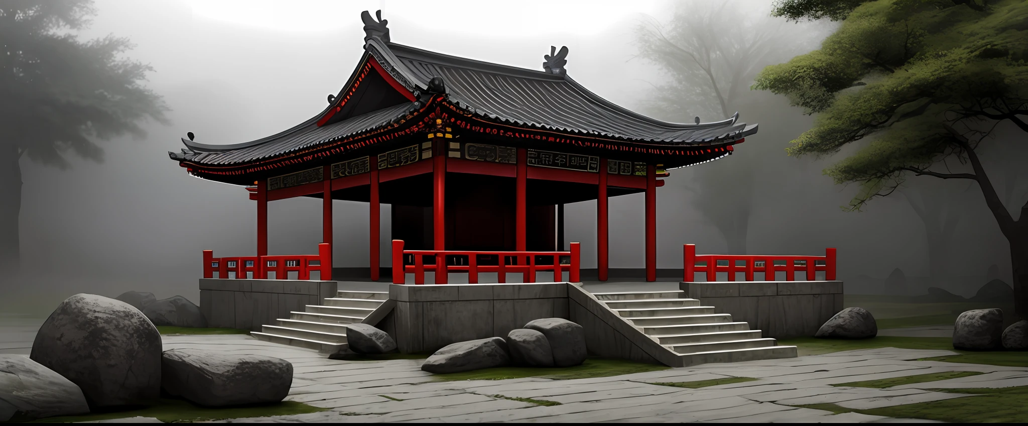 Ancient chinese temple, dark fog , forest, stones and front facing, realism with artistic style drawing