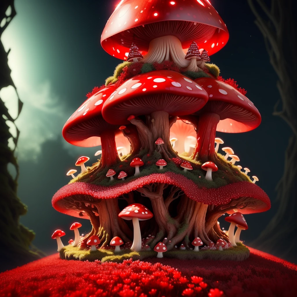 beautiful wide red crystal mushroom anthill, some fairy lights on, 3D, HD, small flower tower on top