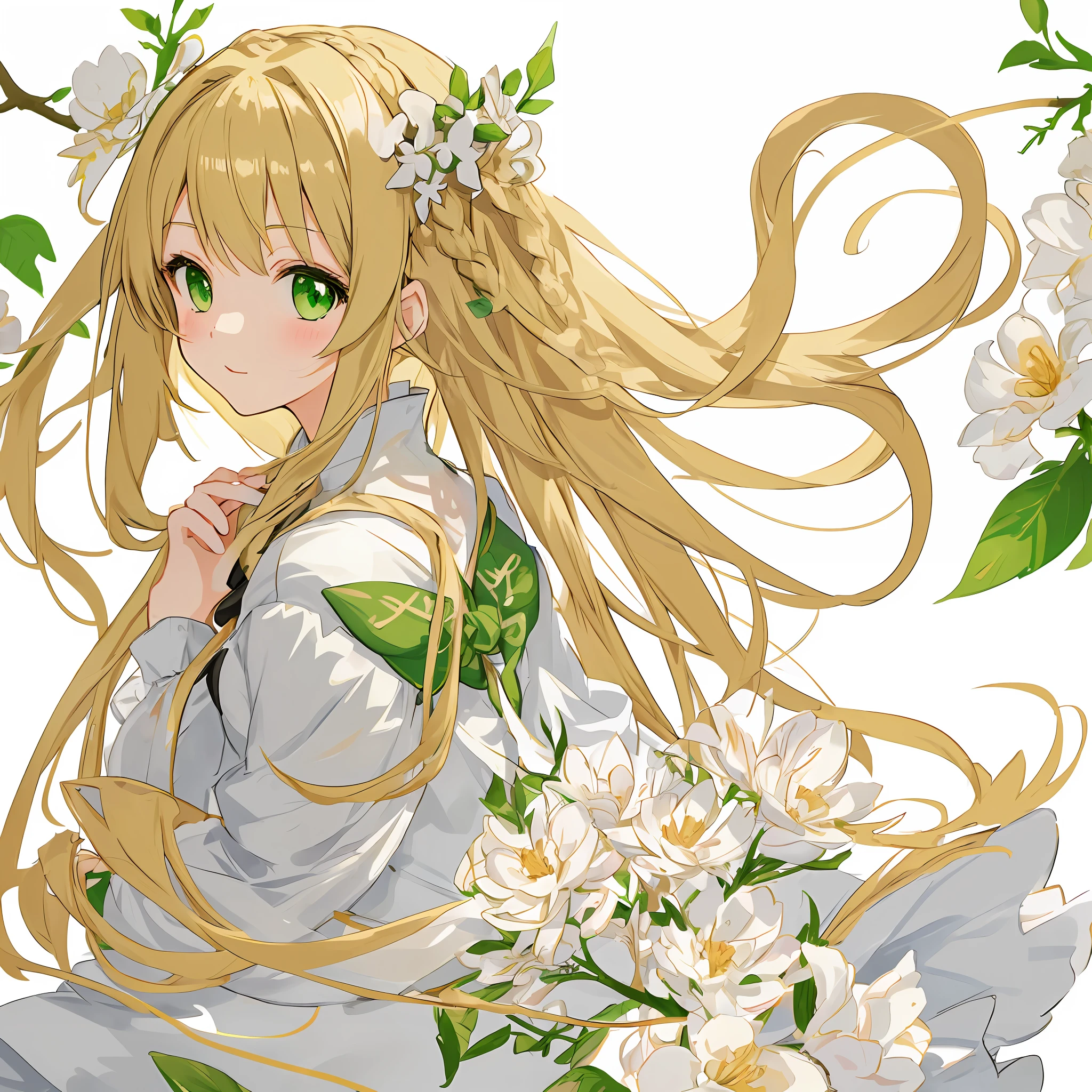 anime girl with green eyes blonde long hair and flower band in her hair