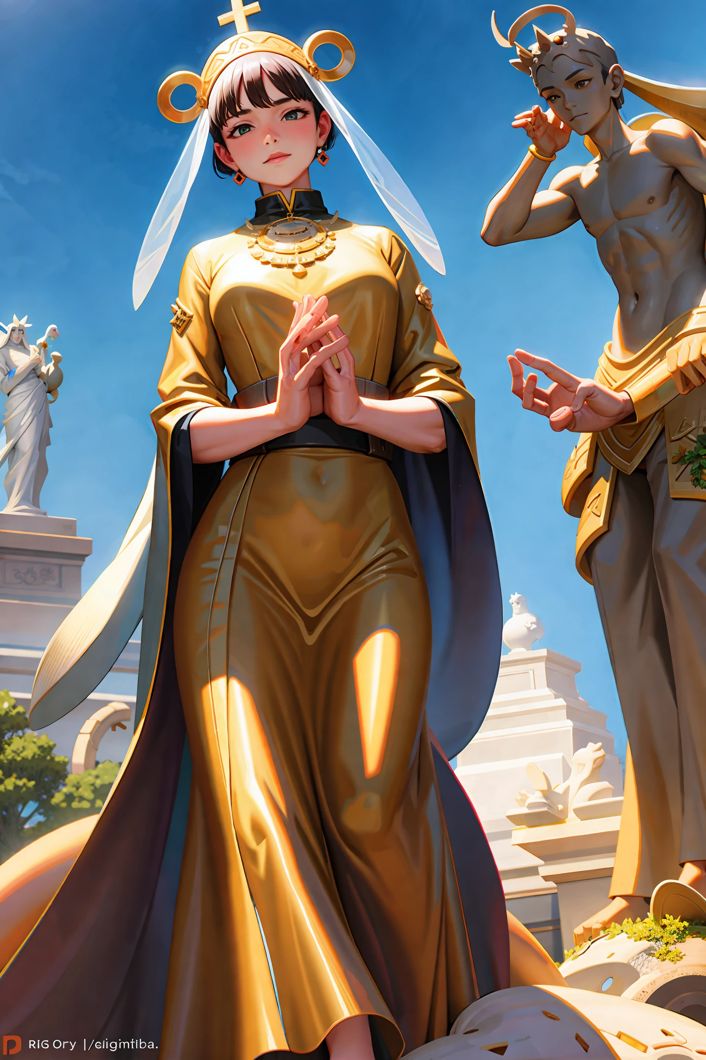 9 stone statues of ants hand in hand forming circle around sacred anthill realistic singular