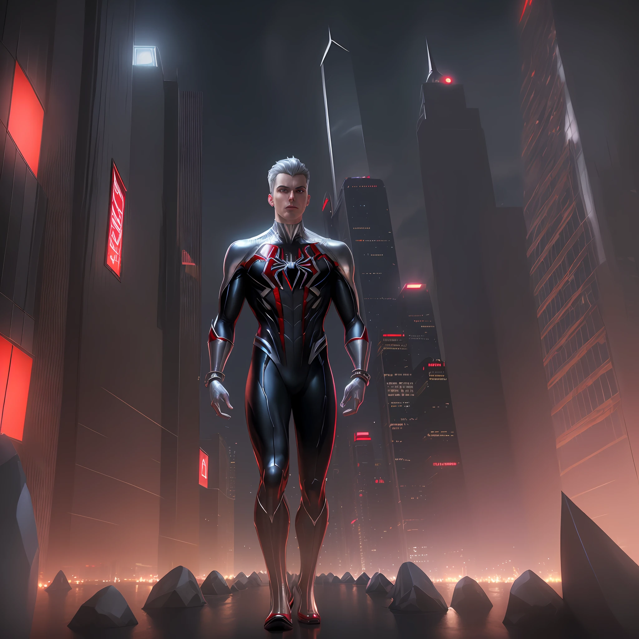 ((full body of male supspr))), (((silver bracelets))), (((sharp fingers))), a spiderman in a red and black suit looking at the city, 8k, unreal engine, octane render, masterpiece, symmetrical, soft lighting, concept art, digital painting,