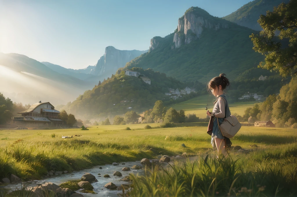 there is a woman standing in a field with a bag, girl walking on mountain, girl standing on mountain, girl walking in a canyon, lost in a dreamy fairy landscape, matte painting portrait shot, looking at the mountains, cinematic. by leng jun, cinematic morning light, girl walking on cliff, girl standing on cliff, panoramic view of girl, beautiful environment
