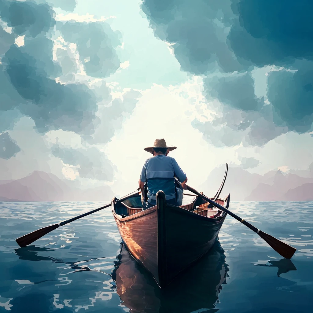 there is a man in a boat on his back with oars in the water, fisherman, boat, amazing wallpaper, rowboat, amazing photo, by Krzysztof Boguszewski, a small boat, stepping on calm waters, fantasy. Gondola boat, Tranquility, on the calm lake, Boat with lamp, Wallpaper - 1 0 2 4