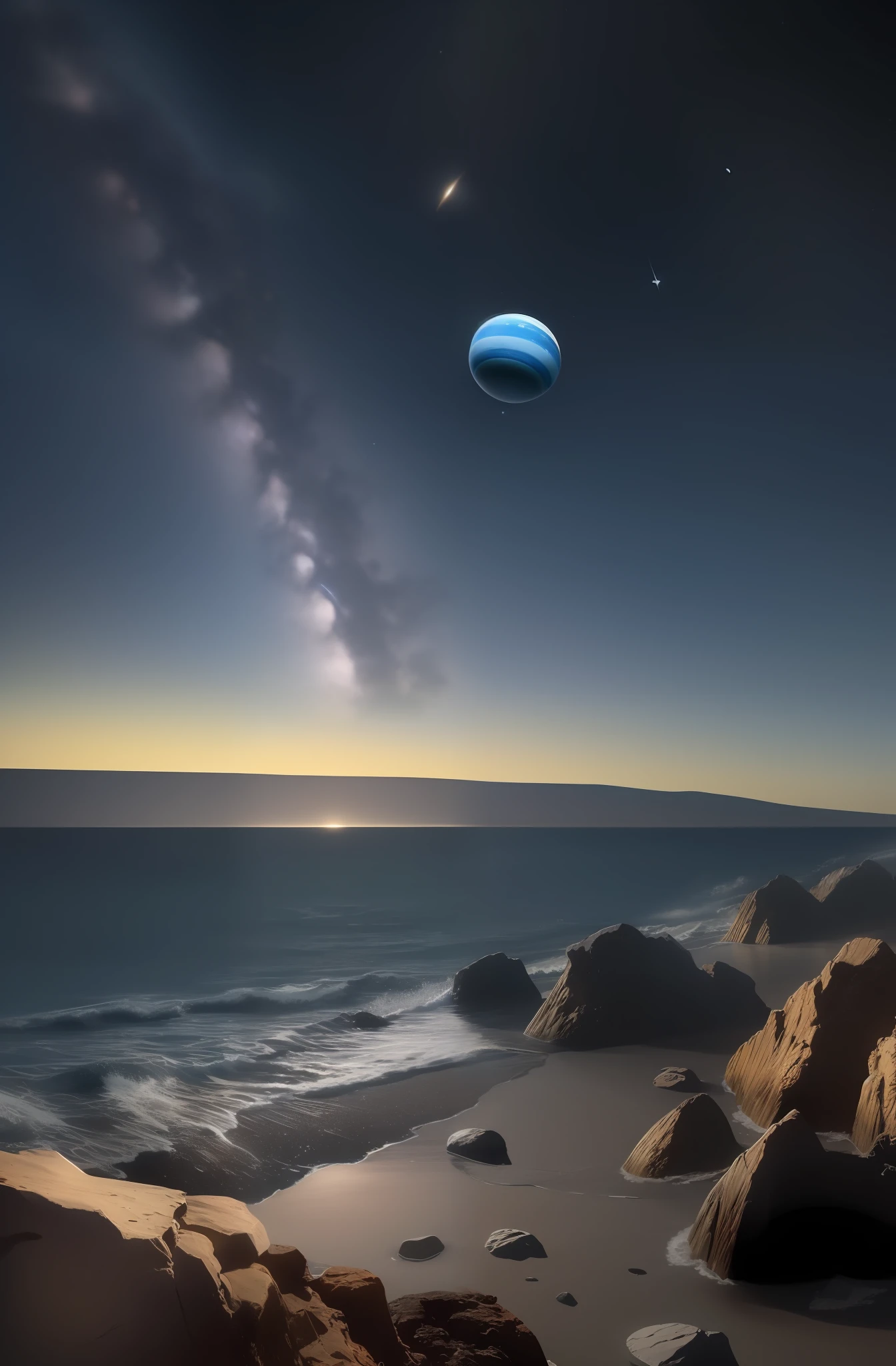 desolate rocky beach, night sky with view of planets and moons