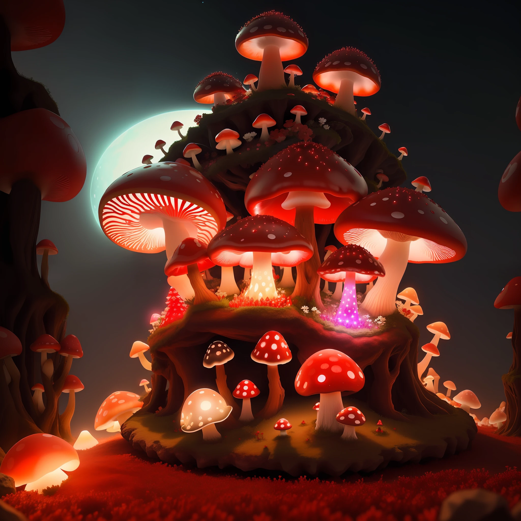 red crystal mushroom anthill, with fairy lights on, 3D, HD, small flower tower