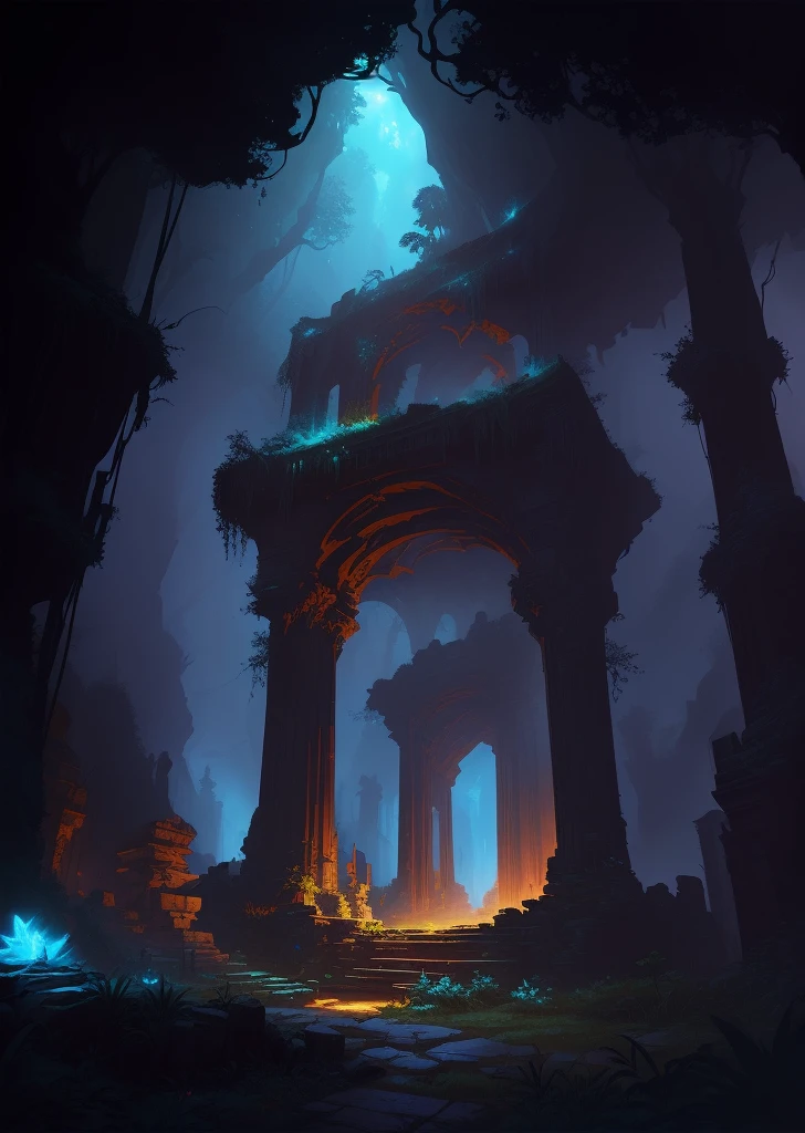 a digital painting of a cave with a light at the end, riot games concept art, league of legends concept art, background art, painted as a game concept art, secret overgrown temple, andreas rocha style, stylized concept art, ancient ruins in the forest, dark ruins landscape, inspired by Andreas Rocha, background artwork, concept artstyle