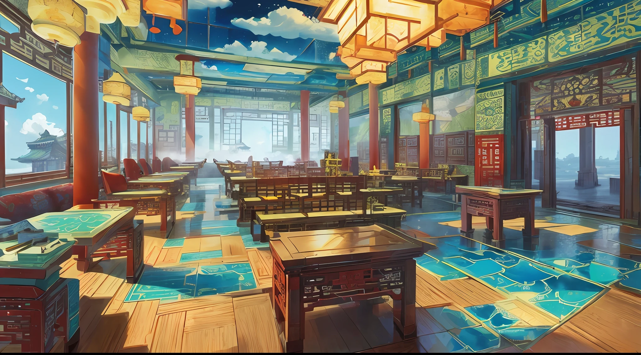 The game scene, the ancient Chinese palace is located above the clouds, surrounded by clouds and mist, majestic, glazed tiles, colorful rays of light, ((color ink)),((splash ink)),((splash ink) ink}) ), masterpiece, high quality, Refined graphics, high detail