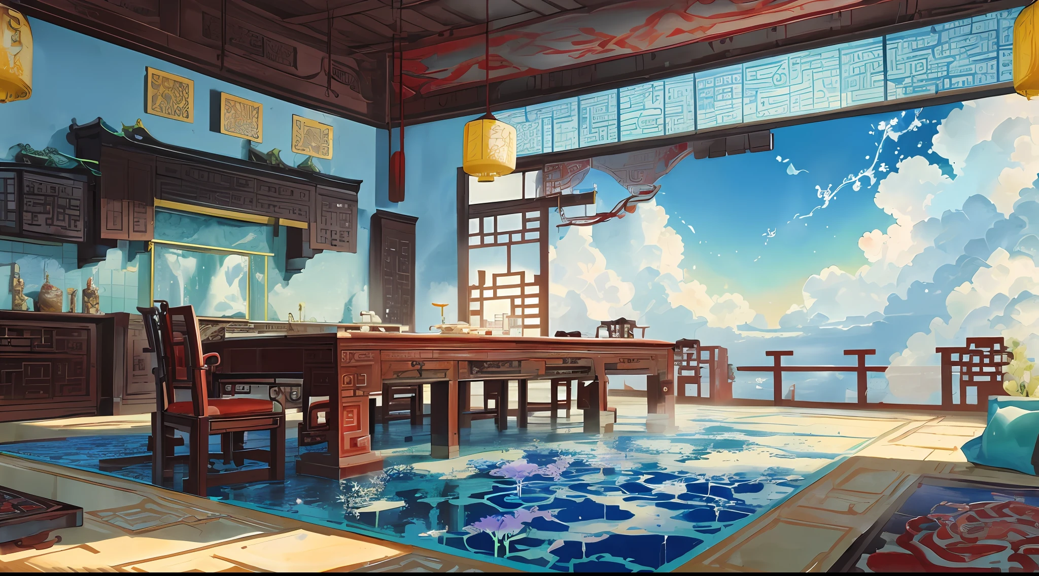 The game scene, the ancient Chinese palace is located above the clouds, surrounded by clouds and mist, majestic, glazed tiles, colorful rays of light, ((color ink)),((splash ink)),((splash ink) ink}) ), masterpiece, high quality, Refined graphics, high detail