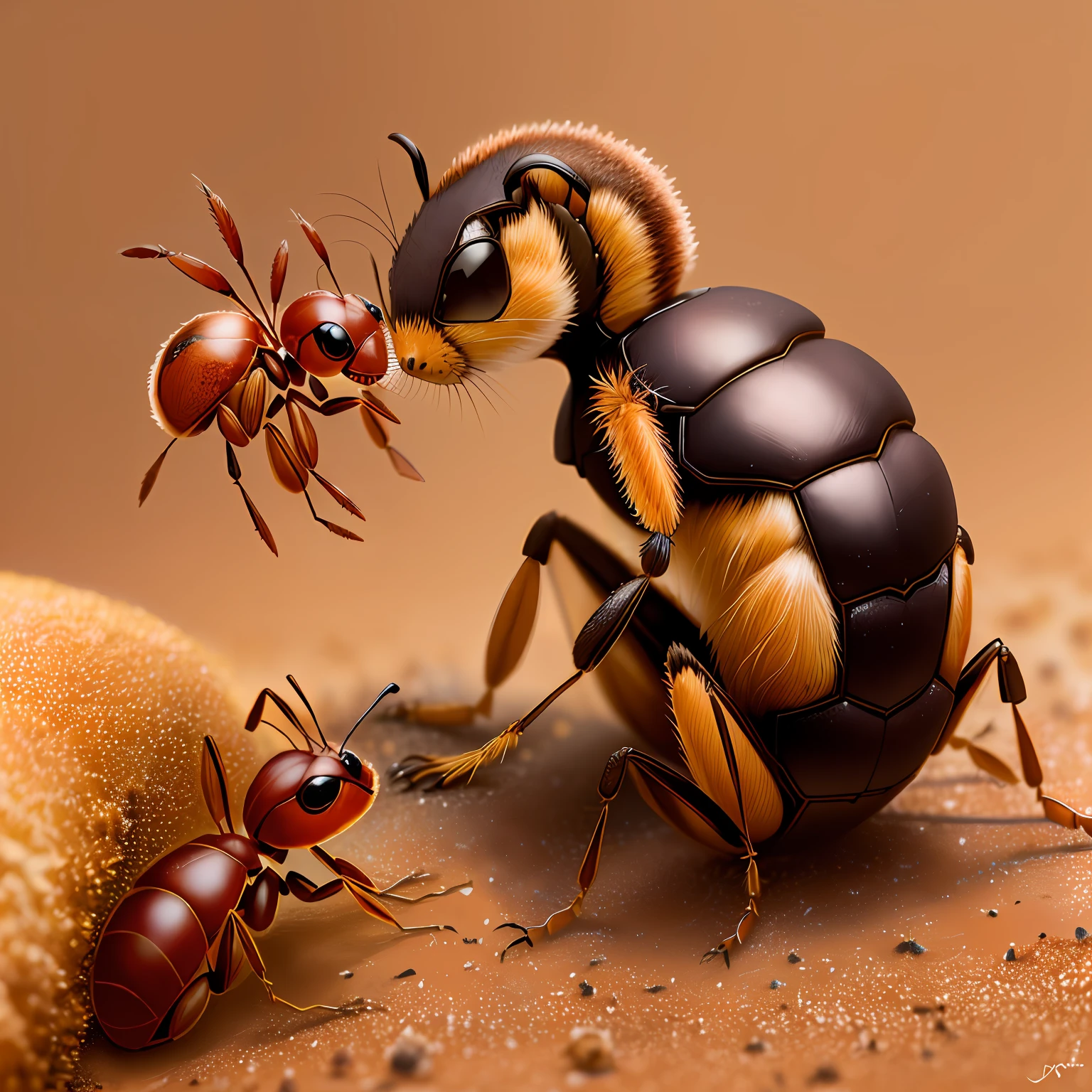 A Jack Jumper ant protecting its anthill from a groundhog, utra realistic with vibrant colors