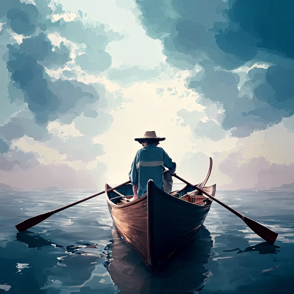 there is a man in a boat on his back with oars in the water, fisherman, boat, amazing wallpaper, rowboat, amazing photo, by Krzysztof Boguszewski, a small boat, stepping on calm waters, fantasy. Gondola boat, Tranquility, on the calm lake, Boat with lamp, Wallpaper - 1 0 2 4