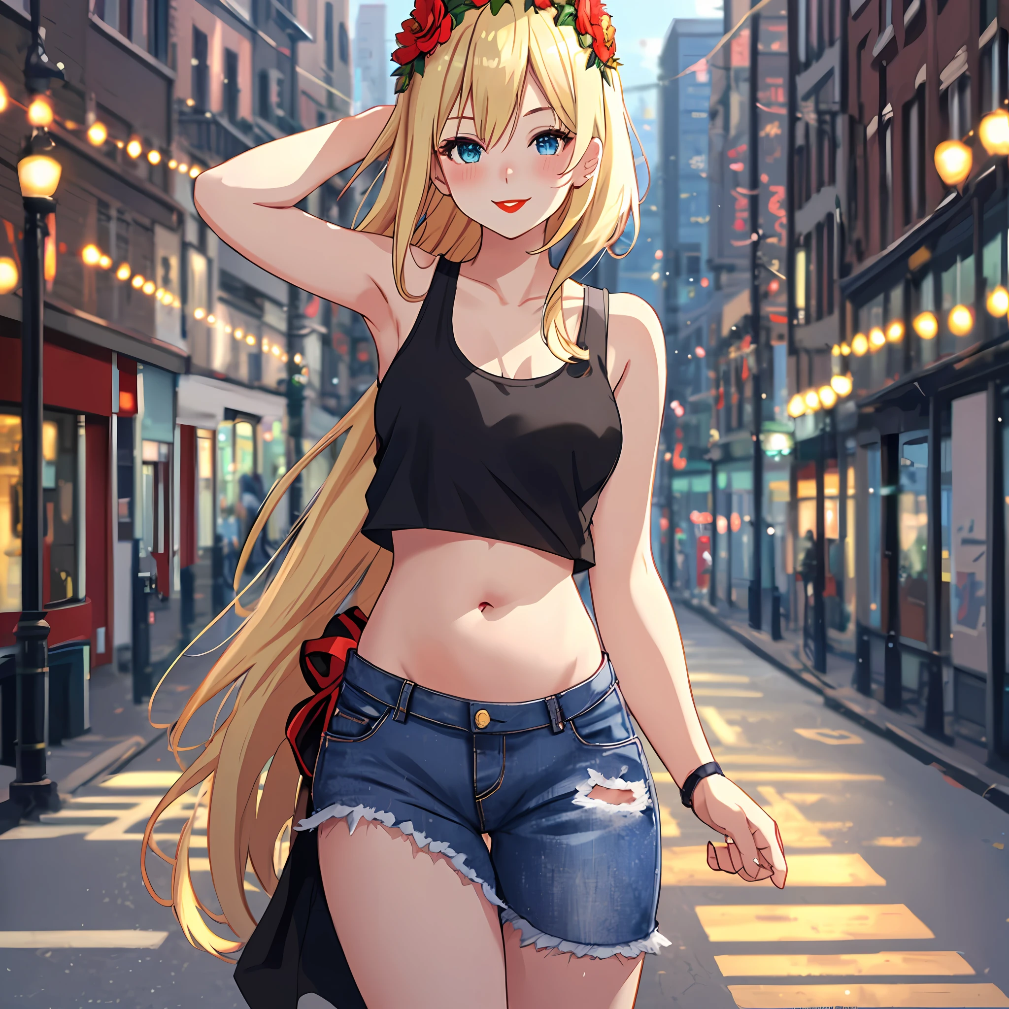 Anime girl, blond hair, black tank top, blue jeans, flower crown, city, beutiful, red lips, stands in the middle of the road, facing the towards the camera, shows belly button, red chins, age 20, masterpice, best quality, slightly blurry background, day, Scandinavia, slim fit, smile, arms resting straight down, 1 girl