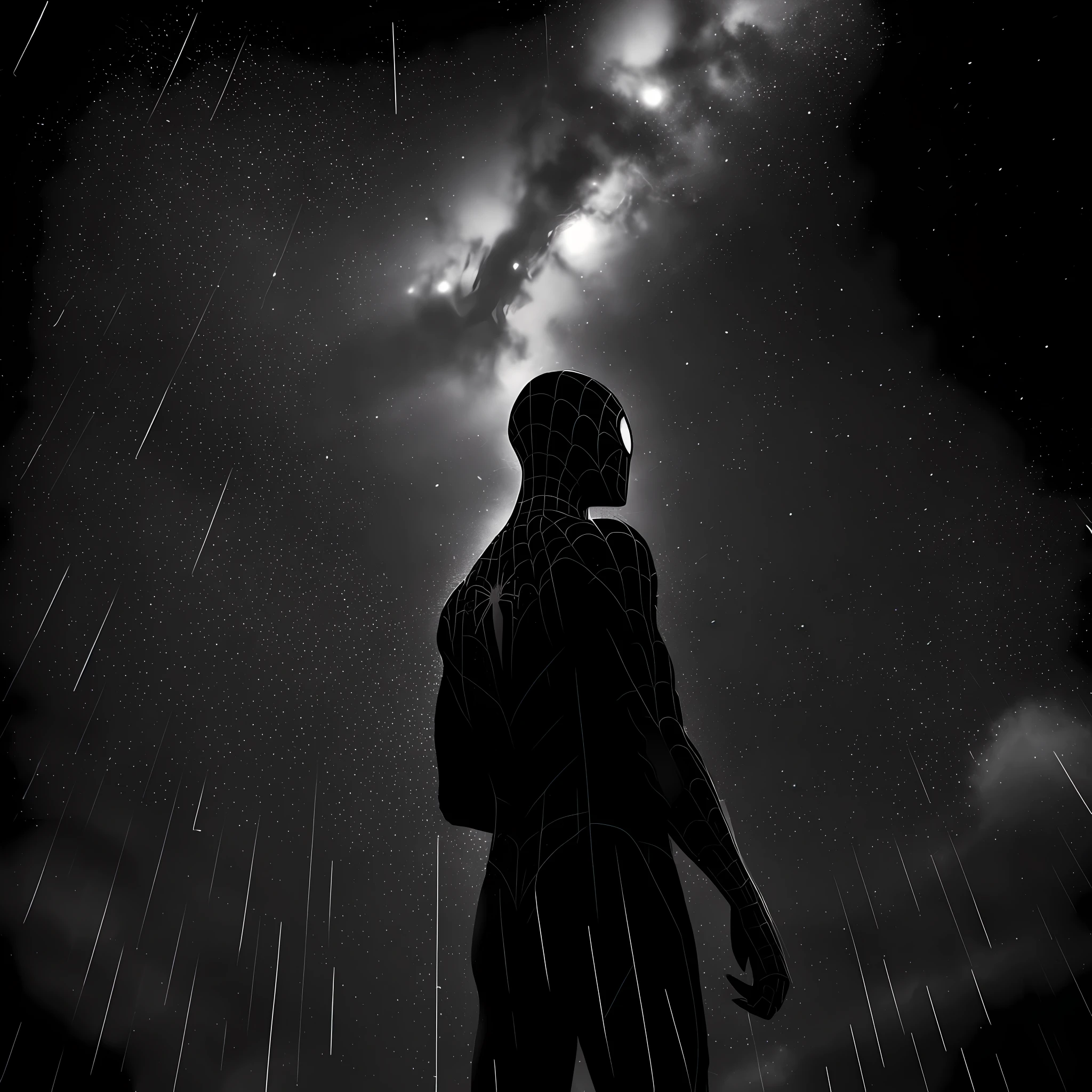 (Raining) Spiderman in a black and white suit looking at night sky