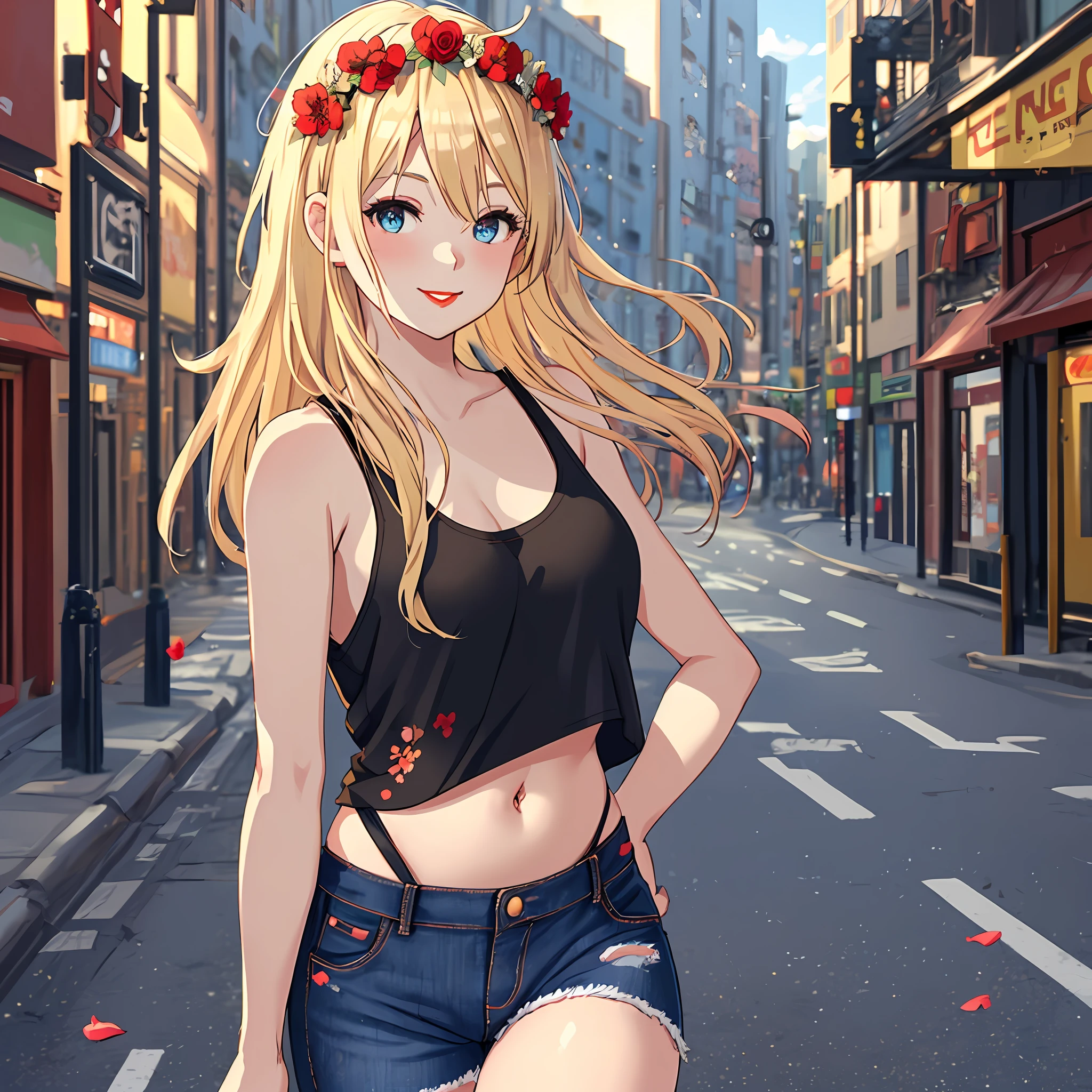 Anime girl, blond hair, black tank top, blue jeans, flower crown, city, beutiful, red lips, stands in the middle of the road, facing the towards the camera, shows belly button, red chins, age 20, masterpice, best quality, slightly blurry background, day, Scandinavia, slim fit, smile, arms resting straight down, 1 girl