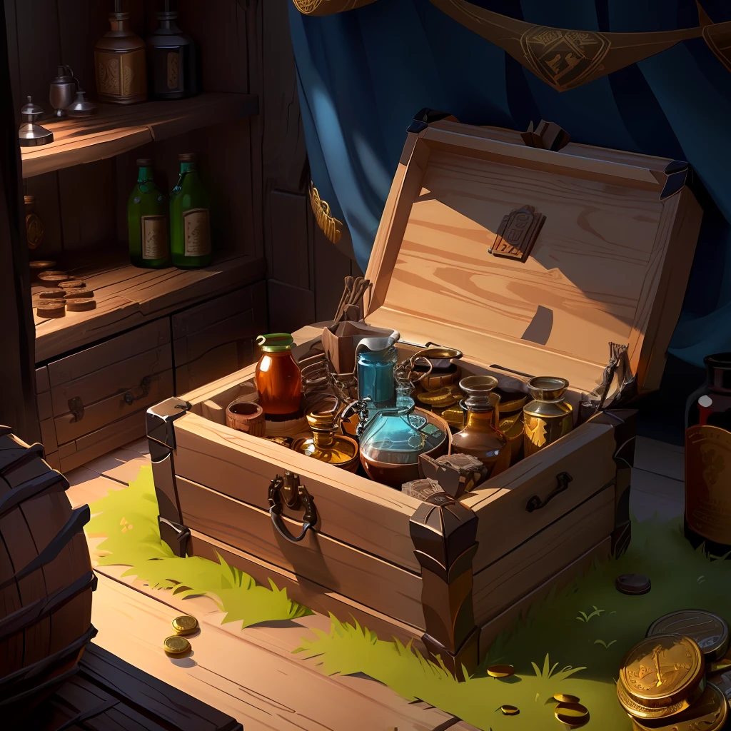 isolated view,  game design, high quality, anthill like a old wood chest with bronze coins and rum bottle