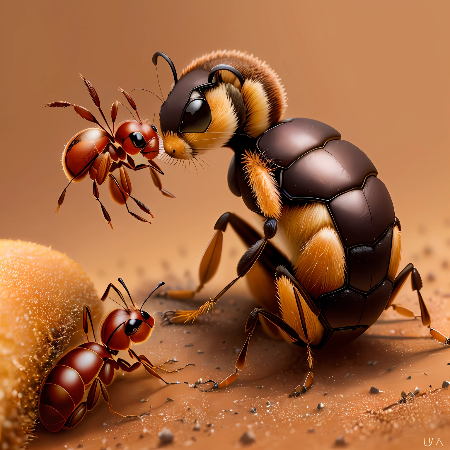 A Jack Jumper ant protecting its anthill from a groundhog, utra realistic with vibrant colors