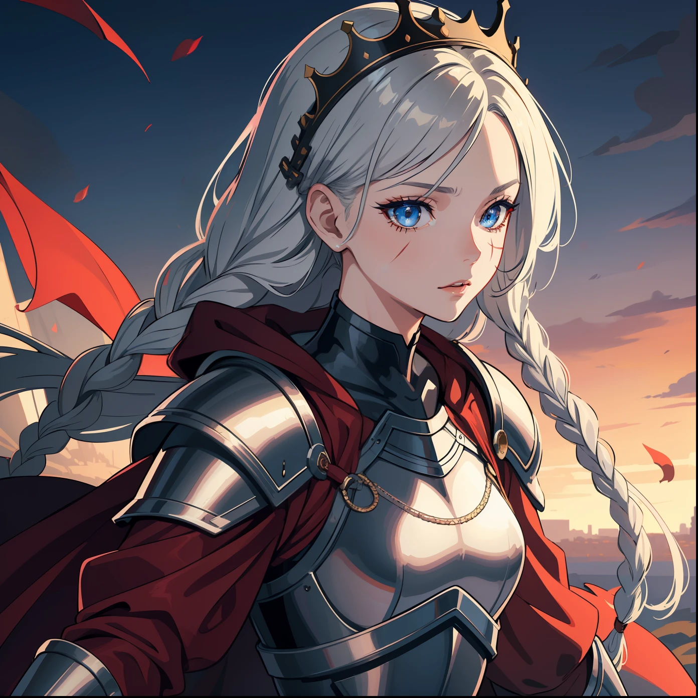 (masterpiece:1.2), (best quality:1.2), perfect eyes, perfect face, perfect lighting, 1girl, mature female on a battlefield, absurdly long [red: black: 0.5] no hair, crown braids, war_glam, silver armor, scars, costume, detailed background