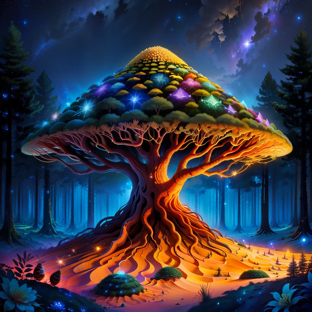 an anthill held by sippos in a forest, realistic with vivid colors in a starry sky