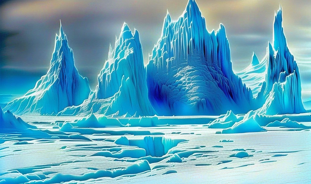 there is a large ice castle with a lot of ice on it, surreal frozen landscape, pillars of ice background, ice city in 2 0 8 0, icy landscape, ice planet, icey tundra background, icy, industrial futuristic ice mine, luminescent matte painting, inspired by Johfra Bosschart, inspired by Les Edwards, ice mountains afar, blue ice