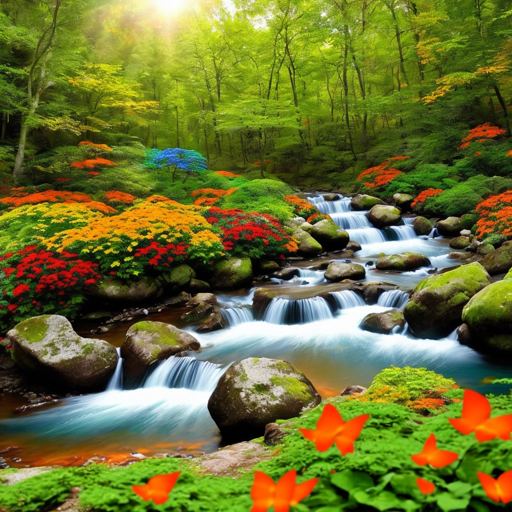 Images colorful forest diverse colors with colorful flowers orange green red blue river butterflies real photo 3d cinema 8k sun well lit vibrant colors shrubs rocks